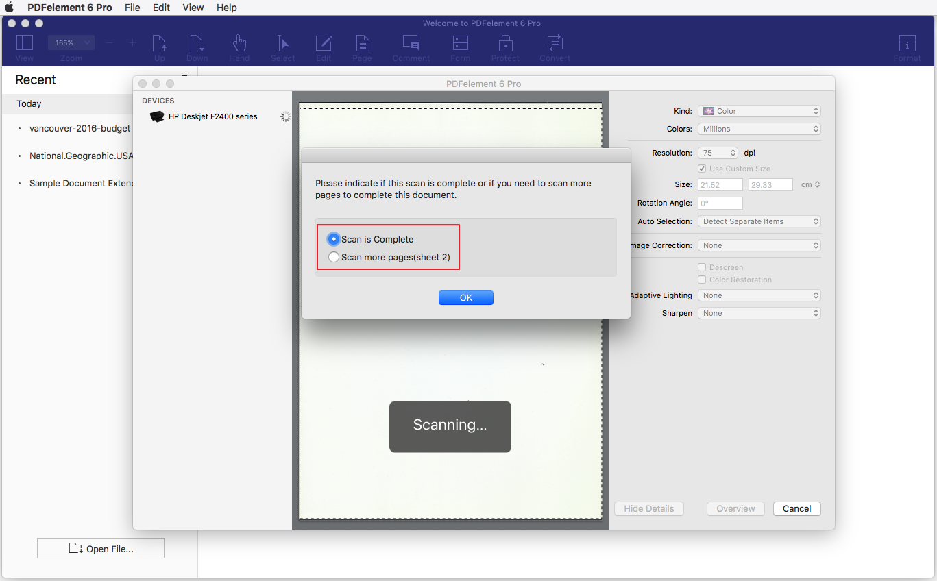 选择多个扫描页面创建PDF的界面